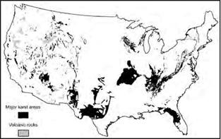 Map of Lower 48 States showing areas of karst
