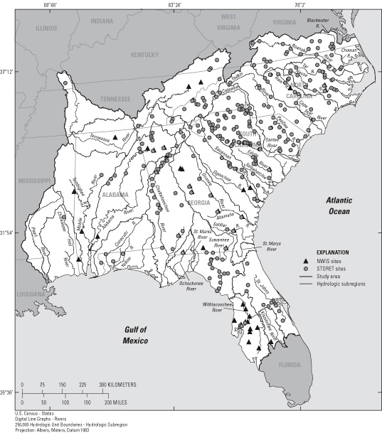 Figure 1. The South AtlanticGulf and Tennessee study area hydrologic subregions and study sites from NWIS and STORET databases used in trend analysis