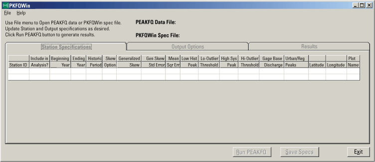 Example of opening screen of program PKFQWin showing the station specifications tab before an input file has been opened.
