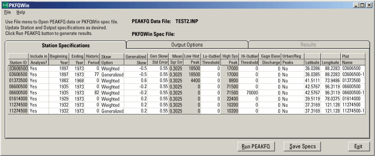 Example of the Station Specification Tab of program PKFQWin after a file containing 8 sets of data has been opened.