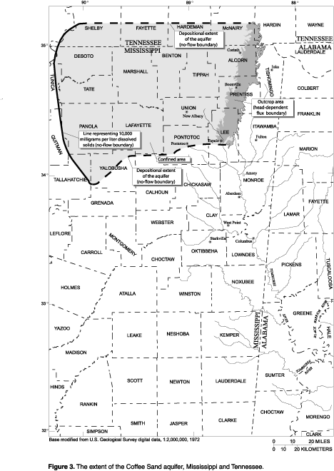 Figure 3. Extent of the Coffee Sand aquifer, Mississippi and Tennessee.