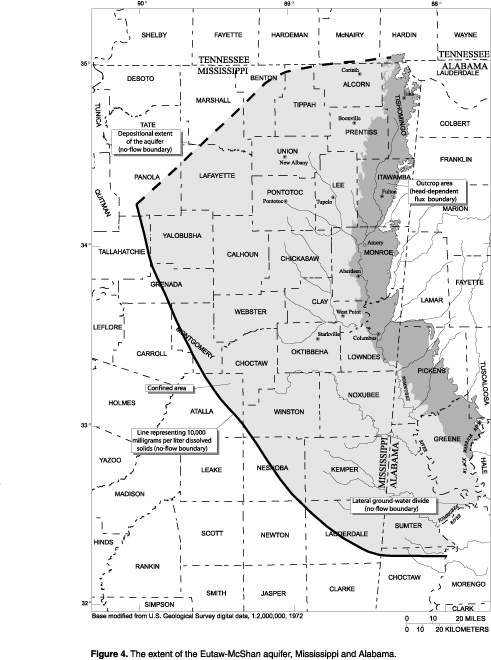 Figure 4. Extent of the Eutaw-McShan aquifer, Mississippi and Alabama.