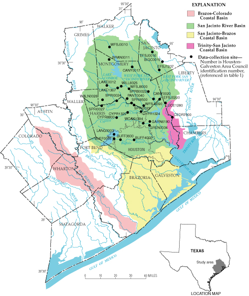 Map showing data-collection sites in the Houston-Galveston Area Council service area.