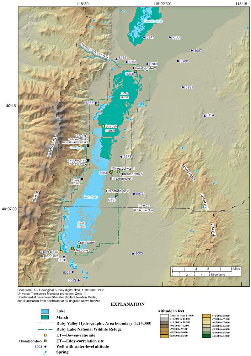Map showing general features of Ruby Lake National Wildlife Refuge and location of evapotranspiration sites.