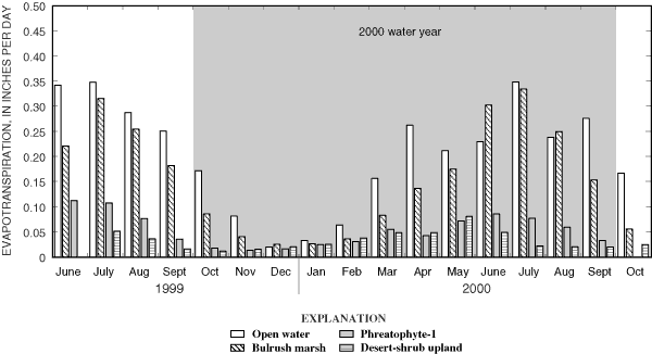 Graph showing average daily evapotranspiration at Bowen-ratio sites, June 1999-October 2000, Ruby Lake National Wildlife Refuge, northeastern Nevada.