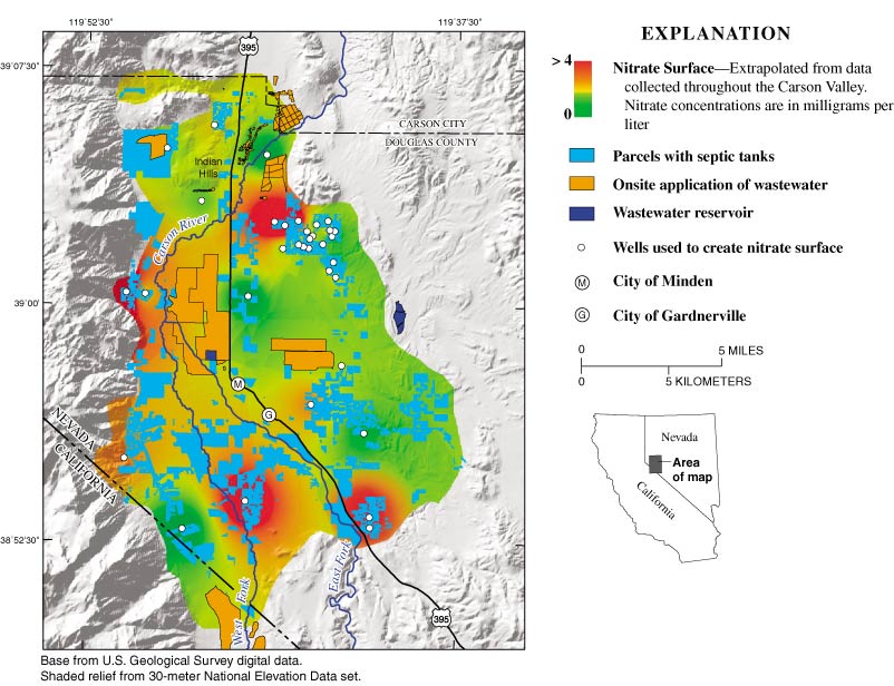 Map showing generalized nitrate concentrations (as nitrogen) in ground water for the Carson Valley, 2000. Nitrate concentrations from 34 wells (not all of which were trend site locations) were used to construct the contours. Contours represent approximate boundaries of nitrate concentrations.