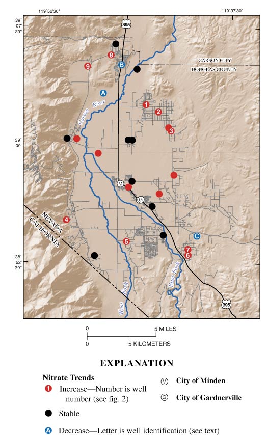 Map showing trends in nitrate concentrations plotted by well location.