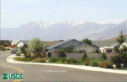 View of a sewered housing development in Douglas County, Nevada, looking south to
Jobs Peak (left) in the Carson Range.