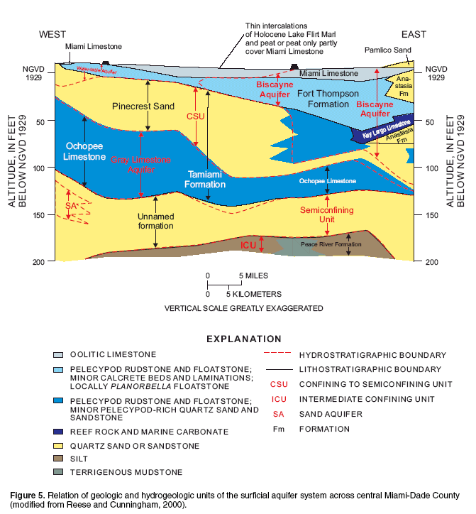 Figure 5.  Relation of geologic and hydrogeologic units of the surficial aquifer system across central Miami-Data County (moedified from Reese and Cunni8ngham, 2000)