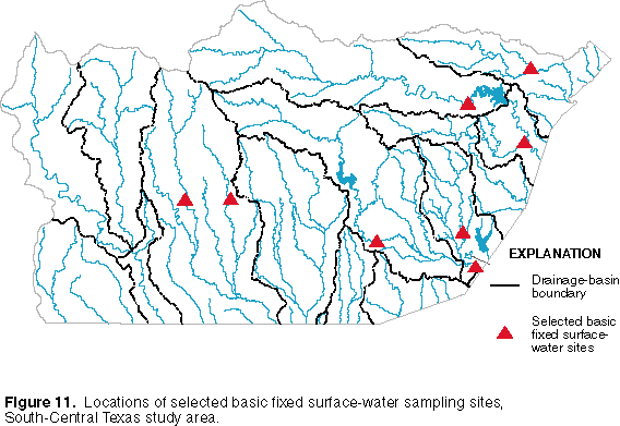 Figure 11. Locations of selected basic fixed surface-water sampling sites, South-Central Texas study area