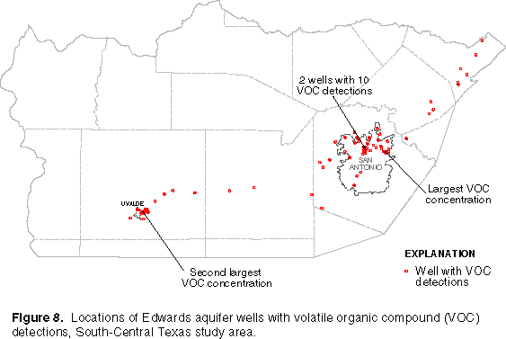 Figure 8. locations of Edwards aquifer wells with volatile organic compounds (VOC) detections, South-Central Texas study area