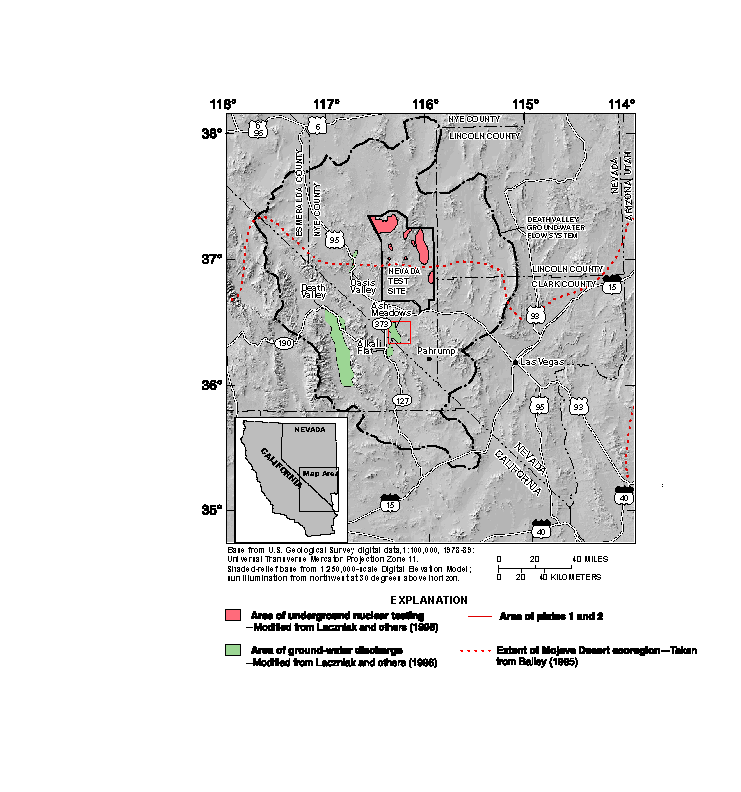 Map showing Ash Meadows and other major areas of natural discharge within Death Valley ground-water flow system potentially influencing ground-water flow at Nevada Test Site.