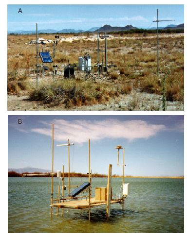 Photographs showing Typical instrument installations used to determine evapotranspiration (ET) from Ash Meadows area, Nevada. (A) LCFLAT site (plate 1) established over moist bare soil (MBS, table 3). Vegetation is sparse and consists primarily of the bunchgrass, alkali sacaton (Sporobulus airoides). Soil is encrusted with thin layer of salt deposits. (B) PRESVR site established over open water (OWB, table 3).