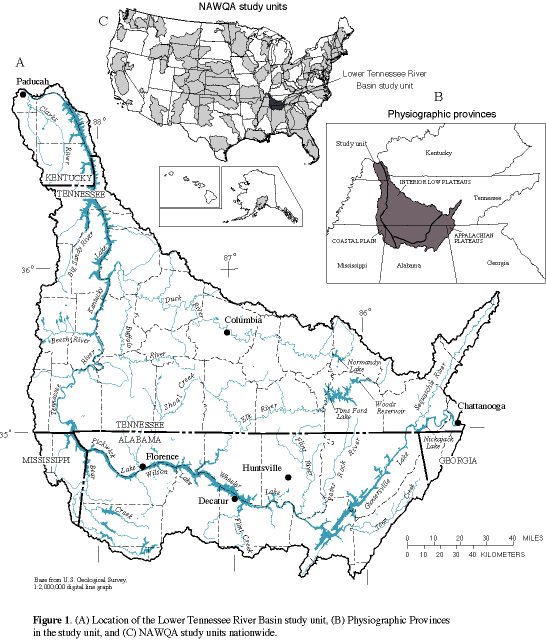 Figure 1. Location of the Lower Tennessee River Basin study unit, Physiographic Provinces in the study unit, and NAWQA study units nationwide.