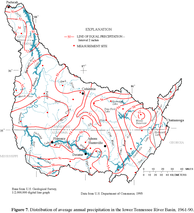 Figure 7. Distribution of average annual precipitation in the lower Tennessee River Basin, 1961-90.