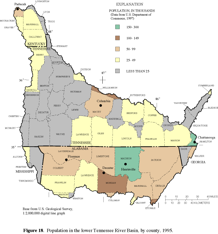 Figure 18. Population in the lower Tennessee River Basin, by county, 1995.