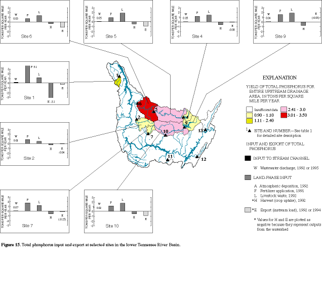 Figure 15. Total phosphorus input and export at selected sites in the lower Tennessee River Basin.