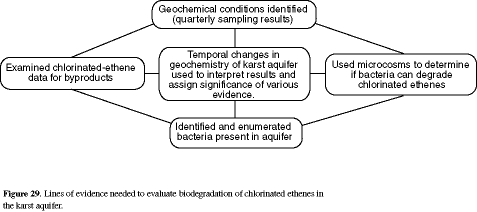 Figure 29. Lines of evidence needed to evaluate biodegradation of chlorinated ethenes in the karst aquifer.