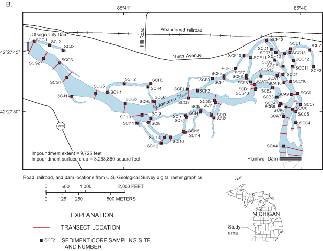 Figure 2b showing map of sediment core samples sites in the impoundment.