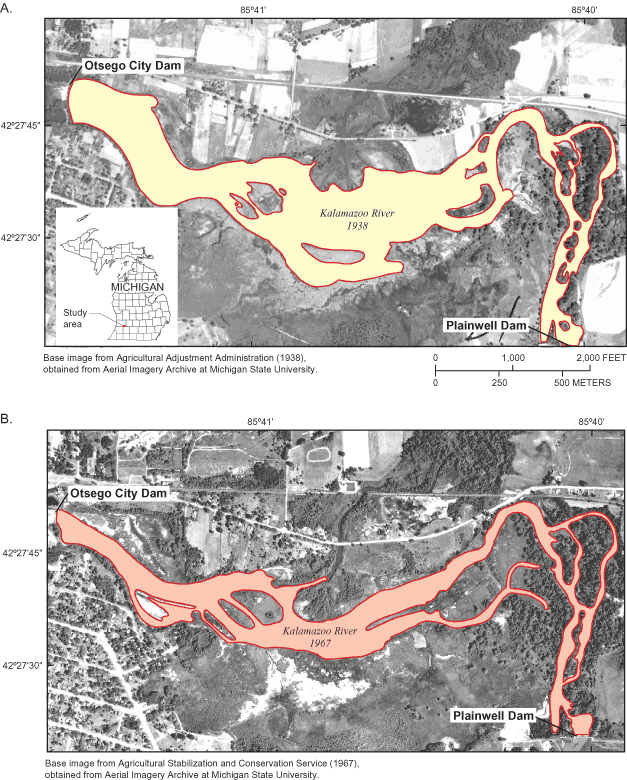 Figure showing map of inundated area of river in a) 1938 and b) 1967.