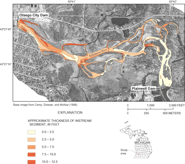 Map showing approximate thickness of instream sediment, in feet, in the impoundment.