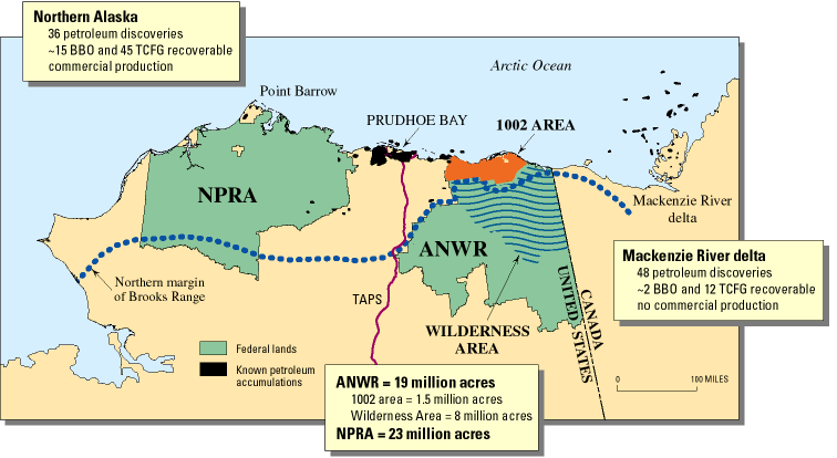 Figure 1: Map of northern Alaska and nearby parts of
Canada showing locations of the Arctic National Wildlife Refuge (ANWR),
the 1002 area, and the National Petroleum Reserve—Alaska (NPRA).