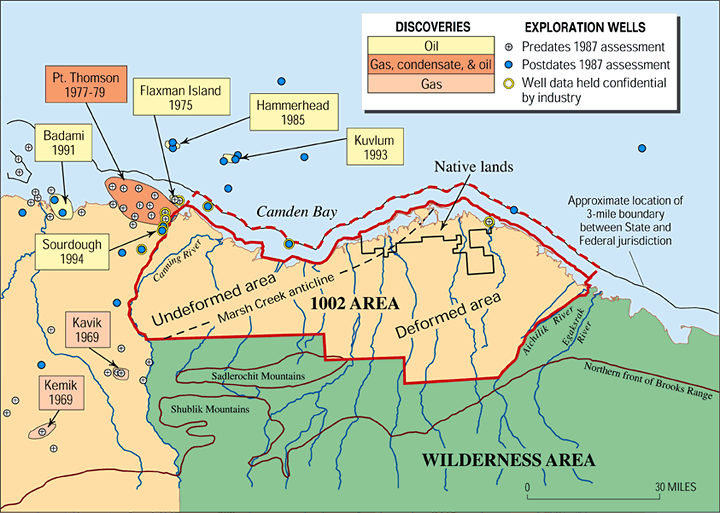 Figure 2: Map of the ANWR 1002 area. Dashed line
labeled Marsh Creek anticline marks approximate boundary between undeformed
area (where rocks are generally horizontal) and deformed area (where rocks are
folded and faulted). Boundary is defined by Marsh Creek anticline along western
half of dashed line and by other geologic elements along eastern half of dashed
line.