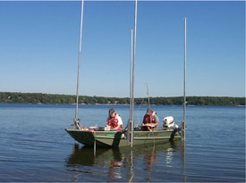 Photograph of USGS scientists collecting ground water samples from the pond bottom at Johns Pond, Cape Cod, Massachussets