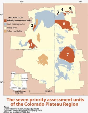 Map showing the seven priority assessment units of the Colorado Plateau region