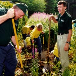 Photograph of Director Chip Groat and Denny Fenn working with local students to remove Purpleloosestrife, an, invasive species, from USGS grounds
