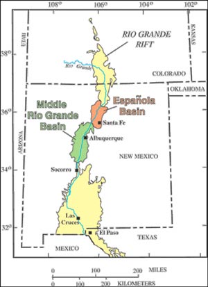 Map of the Middle Rio Grande and Espanola Basins in New Mexico