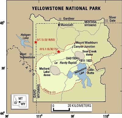 Map showing volcanic activity and features in Yellowstone Park. Please contact Robert Christiansen at rchris@usgs.gov for more information