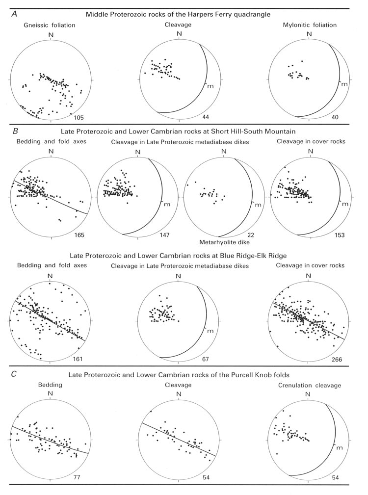 Lower hemisphere equal-area projections of structural elements