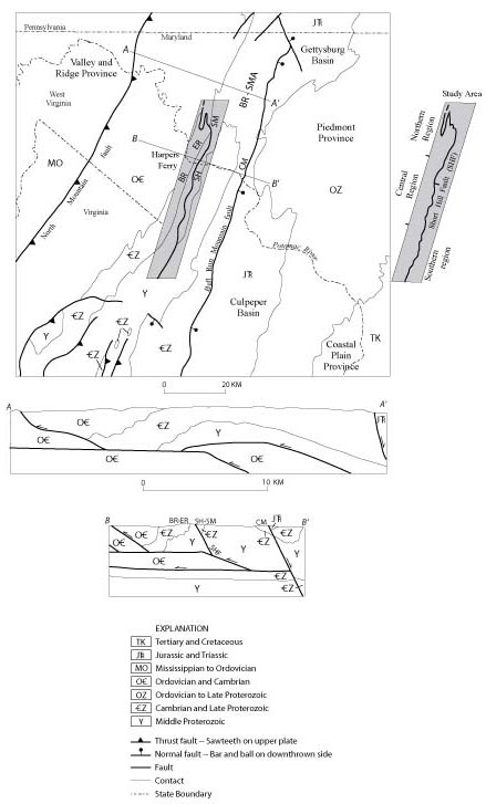 Geologic map and cross sections of the Blue Ridge-South Mountain anticlinorium. For a more detailed explanation, contact Scott Southworth at ssouthwo@usgs.gov.
