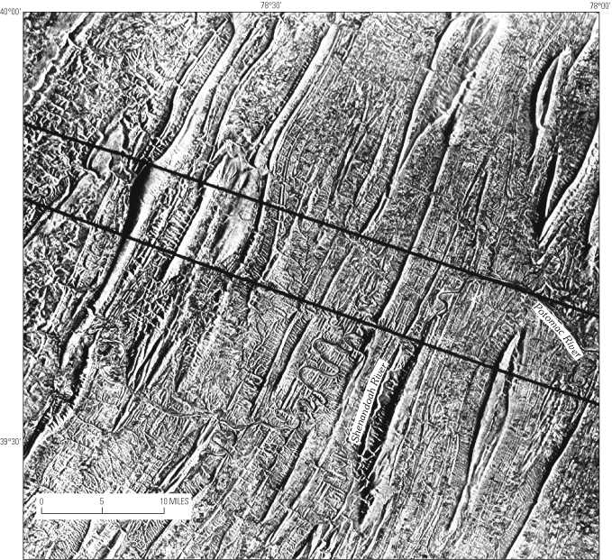 Figure 16 - Side-looking airborne radar (SLAR) image of part of the Cumberland 1-deg by 2-deg quadrangle showing the narrowing of folds to the south