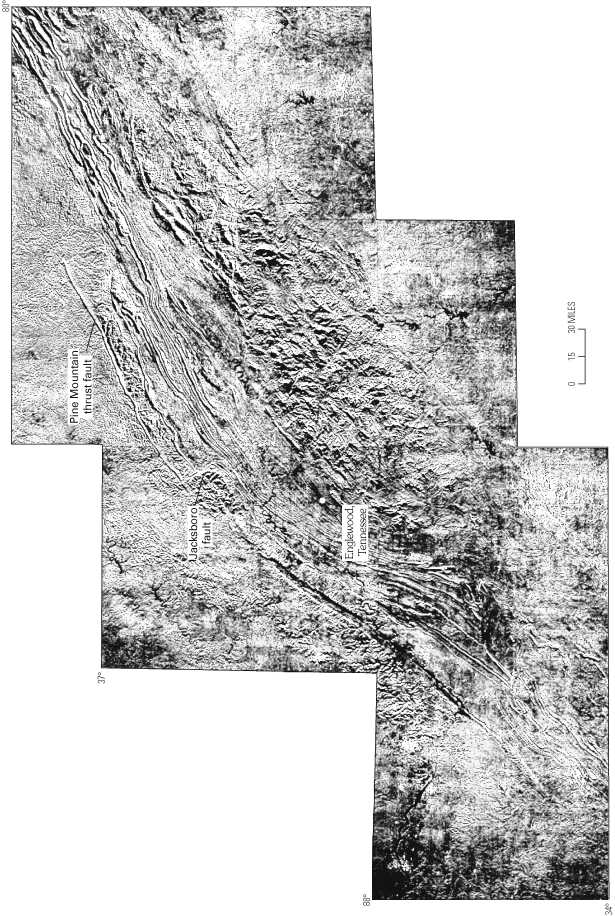 Figure 2 - Side-looking airborne rada uncontrolled image of the southern Appalachians showing the location of the Jacksboro fault and the Pine Mountain thrust fault in western Tennessee