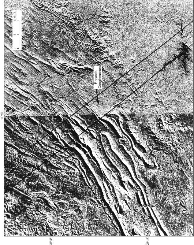 Figure 26 - Side-looking airborne radar image showing the junction of the central and southern Appalachians along the Roanoke lateral ramp