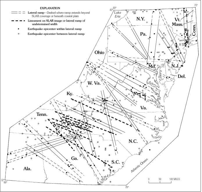 Figure 36 - Map showing relationship between lateral ramps and earthquakes in the eastern United States