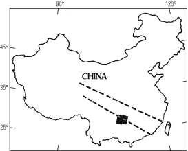 Figure 41 - Index map of China showing the approximate location of Landsat mosaic shown in figure 42 and the two inferred lateral ramps discussed in the text