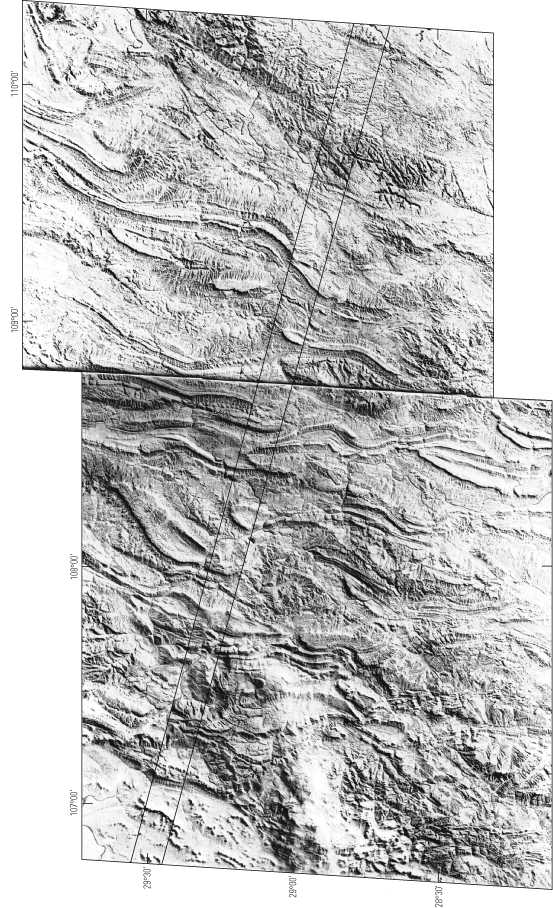 Figure 42 - Mosaic of Landsat scenes E-1525-02475-7-01 and 1488-02424-7-01, along southern lateral ramp (indicated by parallel lines) in China