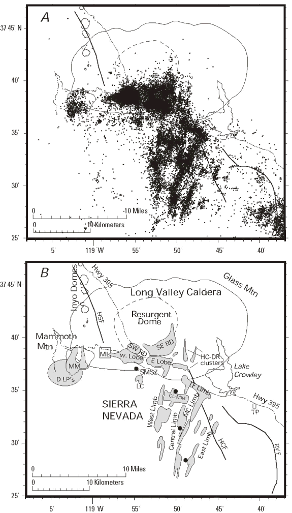 Maps of seismicity patterns in Long Valley region, 1978-1999.