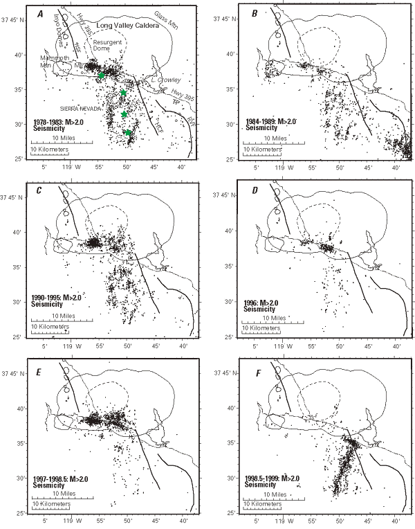 Maps of seismicity patterns in the Long Valley region for six time intervals.