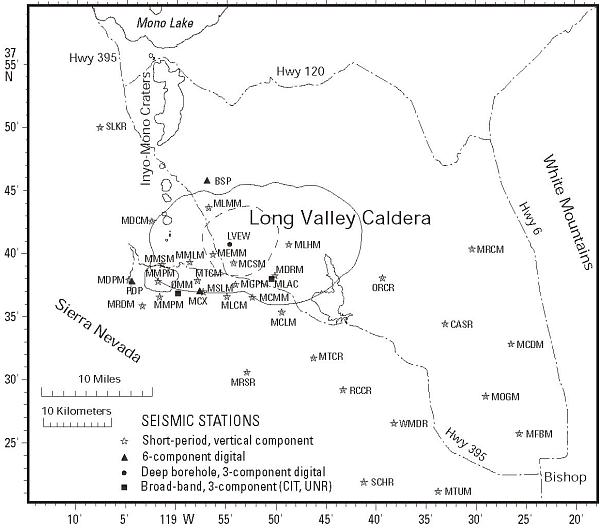 Map showing seismic stations in Long Valley and vicinity.