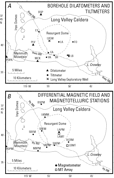 Map of borehole dilatometer and tiltmeter locations, Long Valley, California.