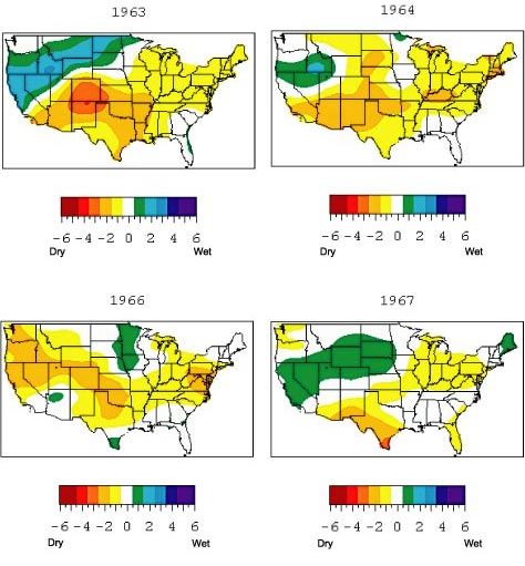 Charts showing Palmer Drought Severity Index reconstructions based on tree-ring studies for 1963, 1964, 1966, and 1967