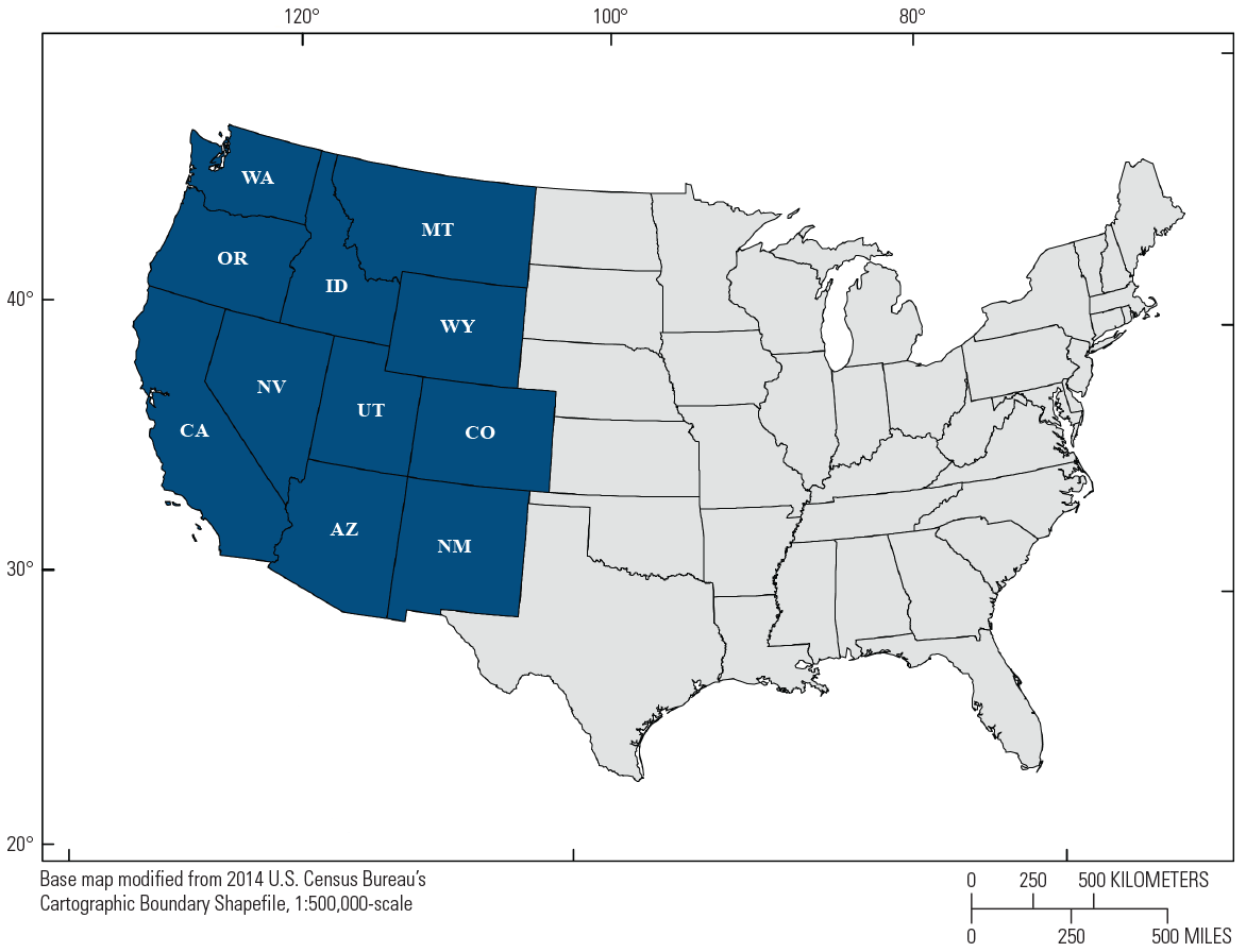 Figure 4. The 11 Western States are in blue; the remaining States are in light gray.