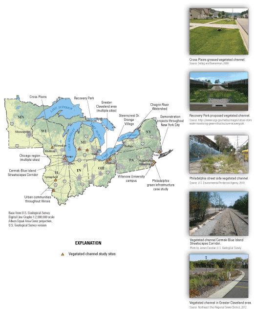 Study sites are shown using triangle dots, and five photographs of selected sites
                        are shown.