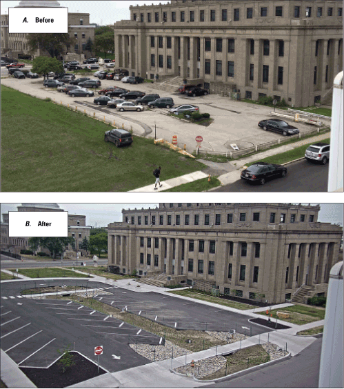 The before image shows a parking lot with cars, and the after image shows an empty
                           parking lot.