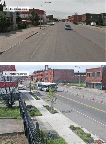The before image shows a sidewalk of mostly concrete, and the after image shows less
                           concrete and more vegetation.