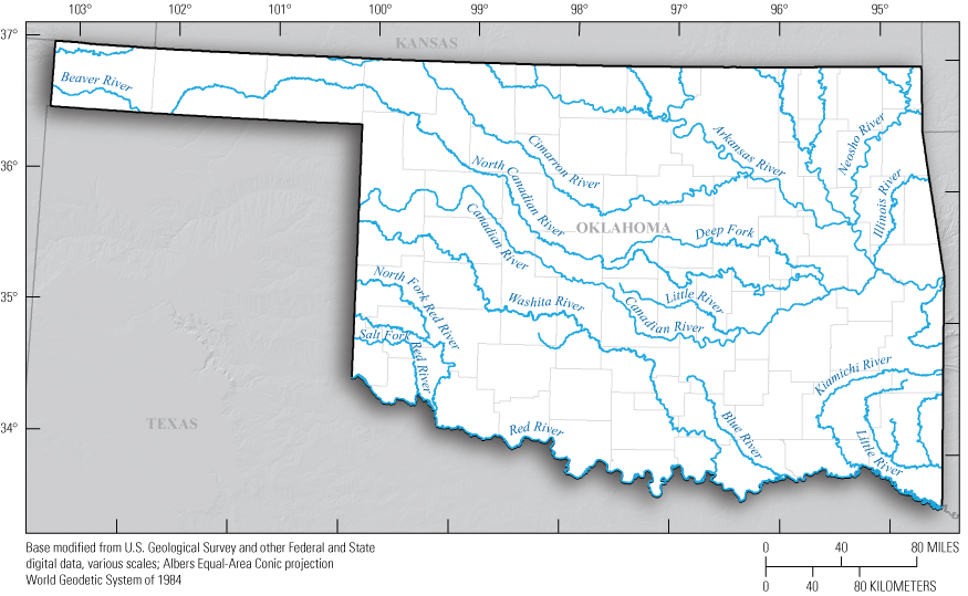 Figure 1. Map showing the major streams in Oklahoma.
